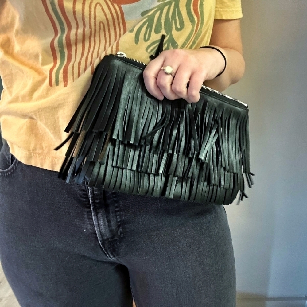 Yves Saint Laurent \ Black Leather Tassle Fringe Clutch